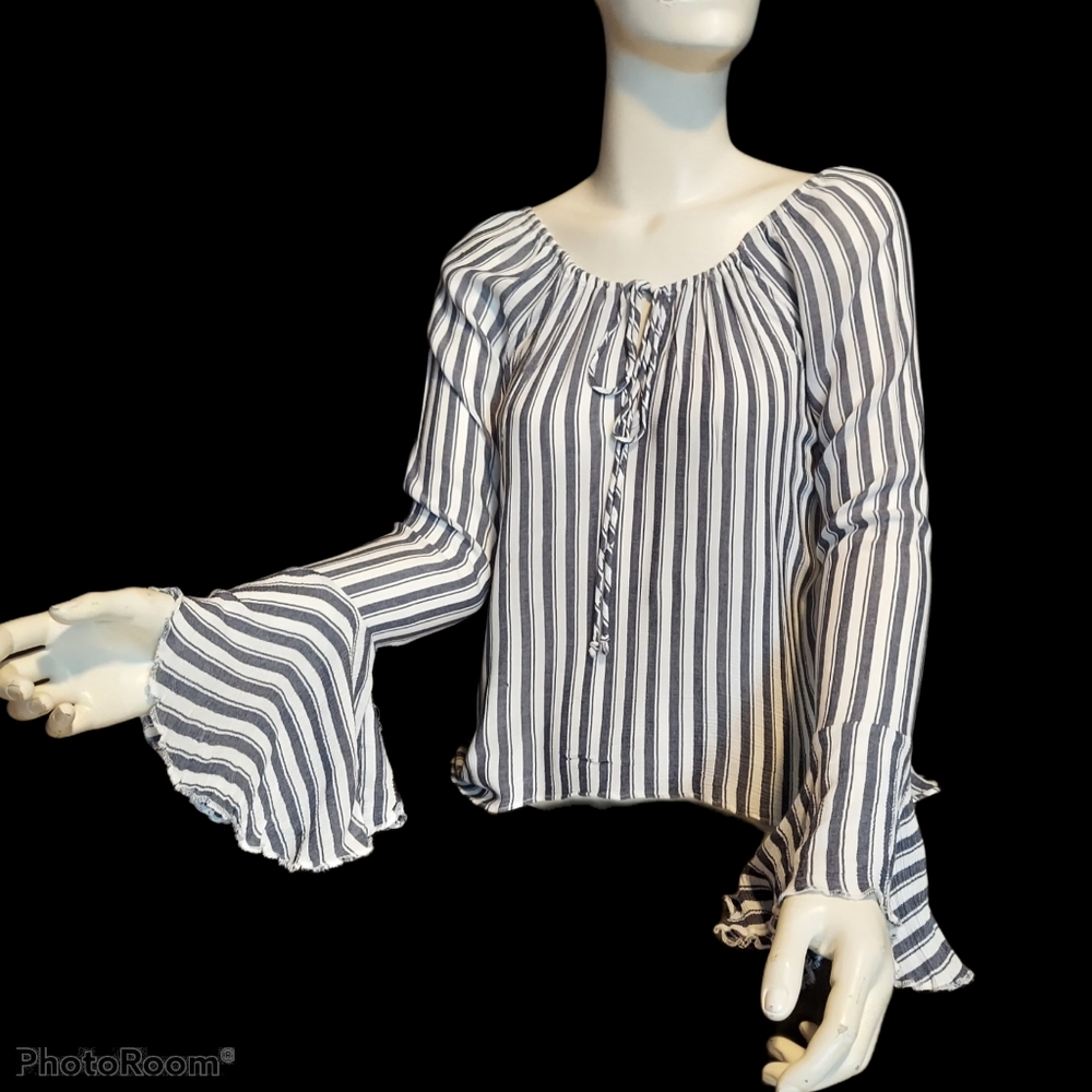 Boho Blue Striped Peasant Blouse